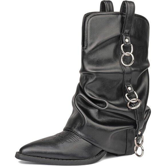 Shoes - Women's Black Leather Vintage Retro Mid Calf Chunky Heels Western Cowgirl Boots